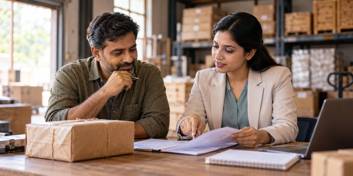 Illustrative photograph of a business owner and trade adviser working through shipment documents and next actions