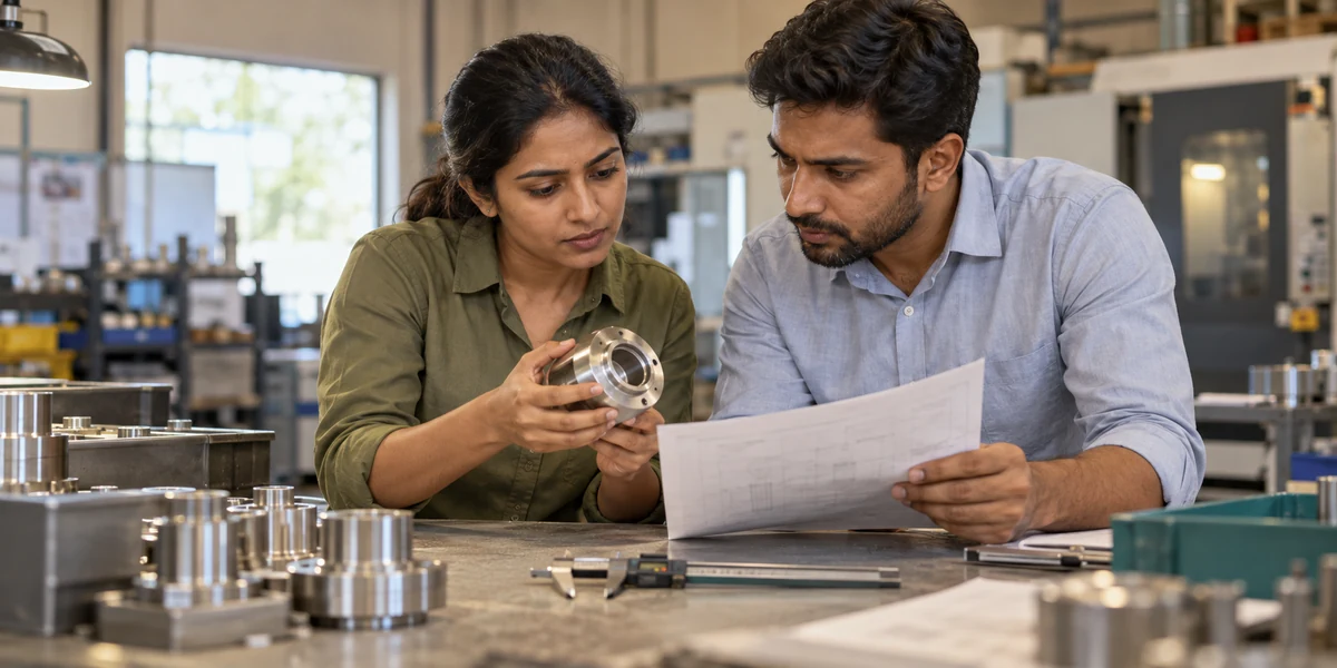 Illustrative photograph of manufacturing professionals reviewing an industrial component and technical evidence together