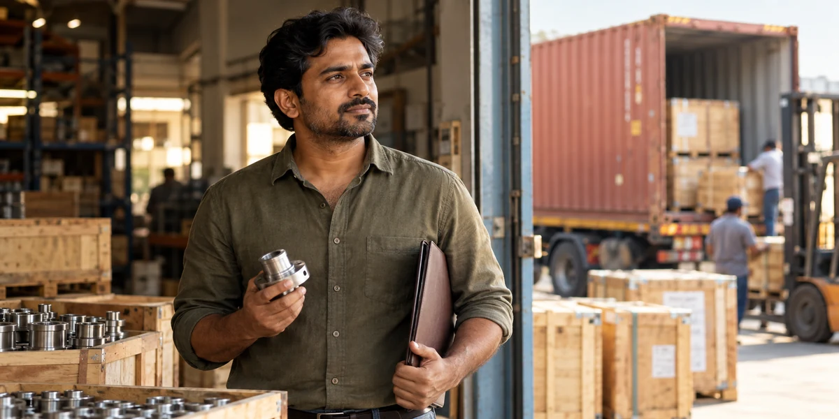 Illustrative photograph of an Indian manufacturing business owner considering an overseas opportunity beside export-ready cargo