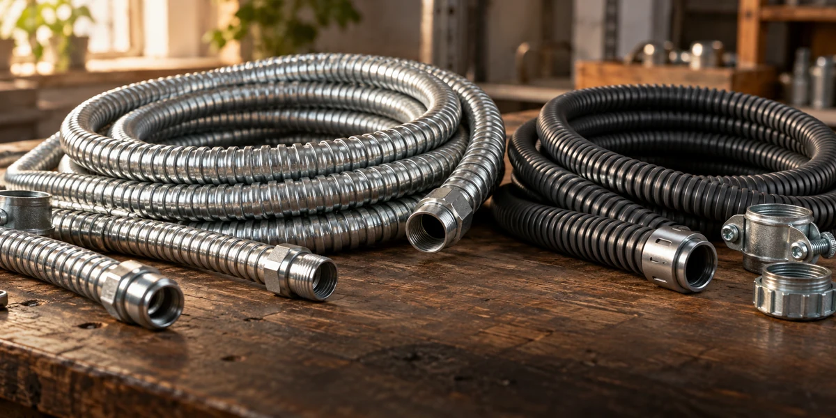 Coiled metal and dark flexible electrical conduits