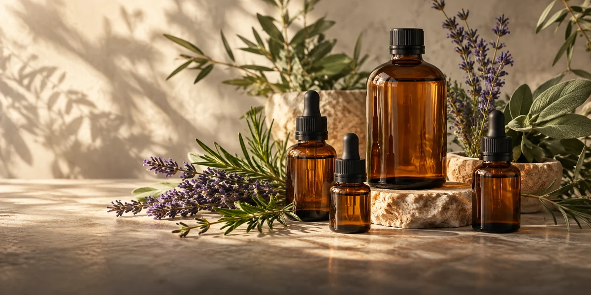 Amber essential oil bottles with aromatic botanicals