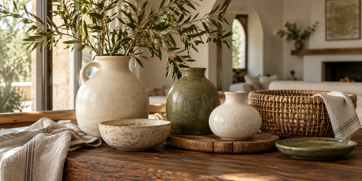 Ceramic vases, woven baskets and household accessories
