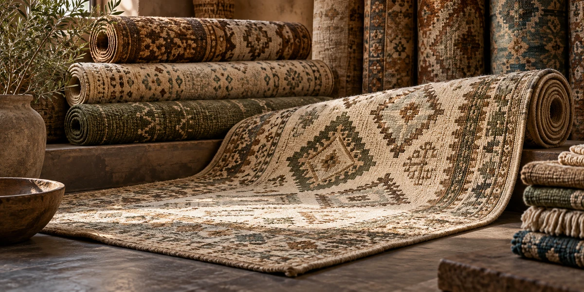 Woven carpets, patterned rugs and rolled floor coverings