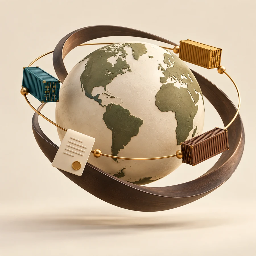 Sculptural globe with cargo containers and trade documents connected by an orbit